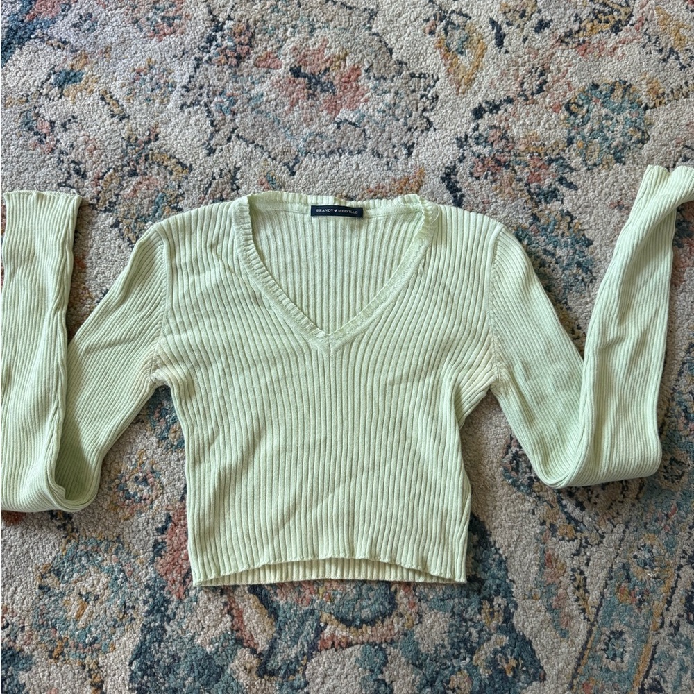 Brandy Melville Ribbed V-Neck Top - Soft Green